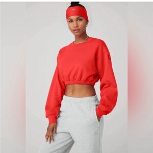 ALO Yoga Red Crop Sweatshirt and Gray Sweatpants